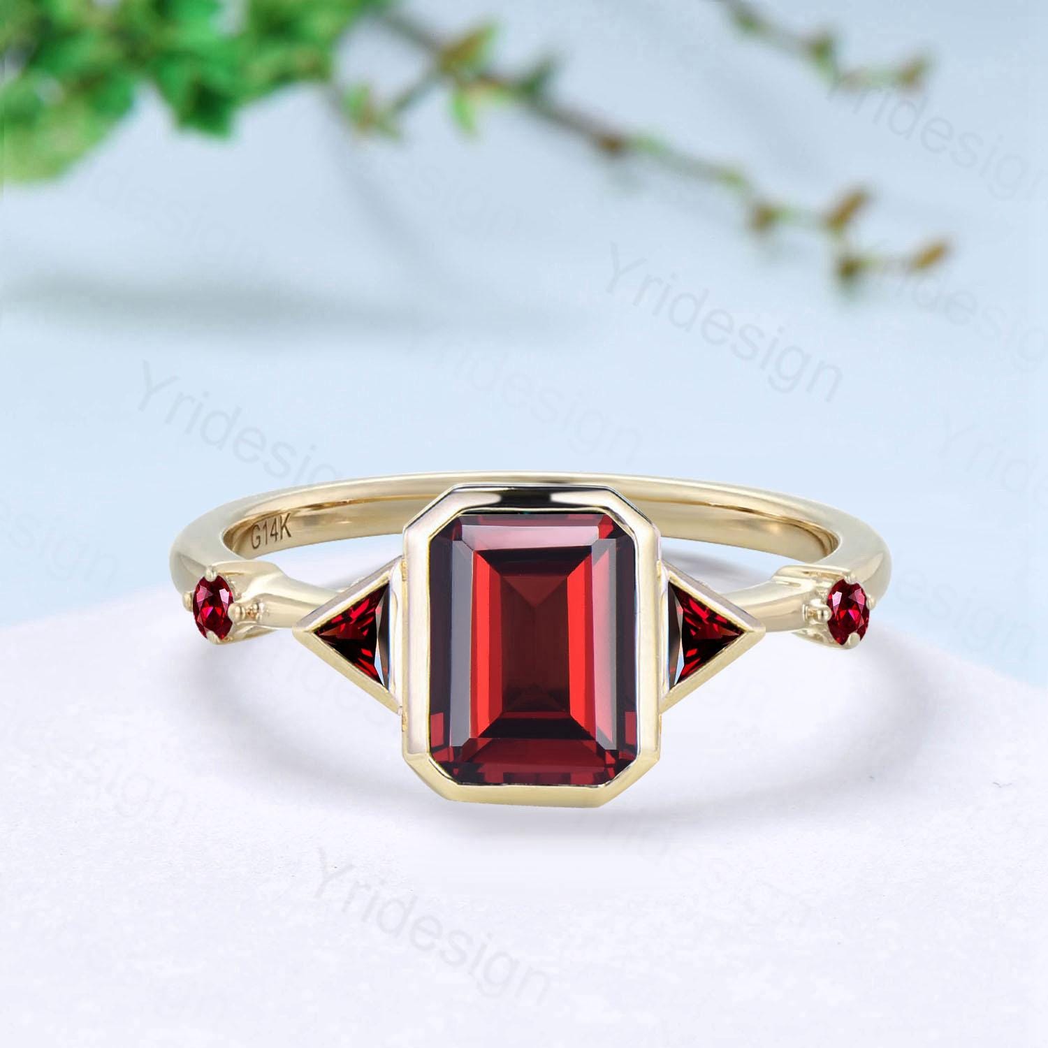 Unique Red Garnet Engagement Ring, Emerald Cut Garnet top Bridal Ring, Women'sBirthstone Ring, Trillion Red Garnet Solitaire Ring,Christmas Gift