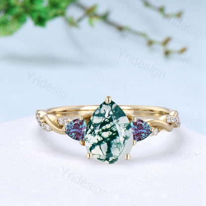 Unique pear shaped green moss agate engagement ring cluster trillion alexandrite wedding ring art deco twist infinity band anniversary ring - PENFINE