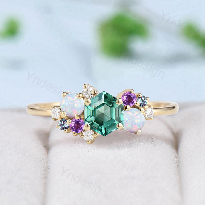 Hexagon Cut Green Sapphire Engagement Ring Silver Rose Gold 14K/18K Unique Cluster Opal Amethyst Alexandrite Wedding Ring Bridal Ring Gifts - PENFINE