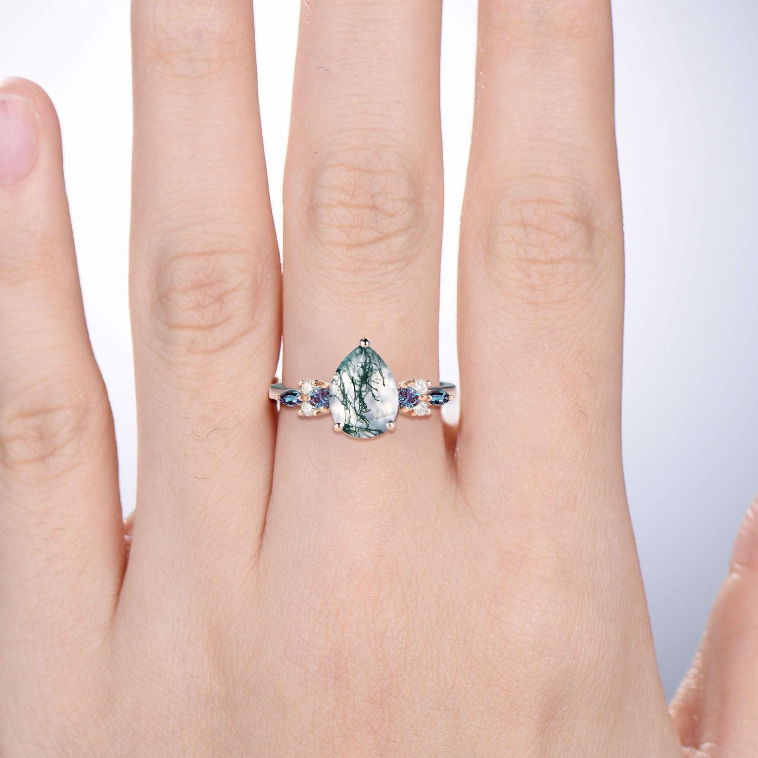 Vintage pear shaped green moss agate engagement ring cluster trillion alexandrite band wedding ring art deco green gemstone anniversary ring - PENFINE