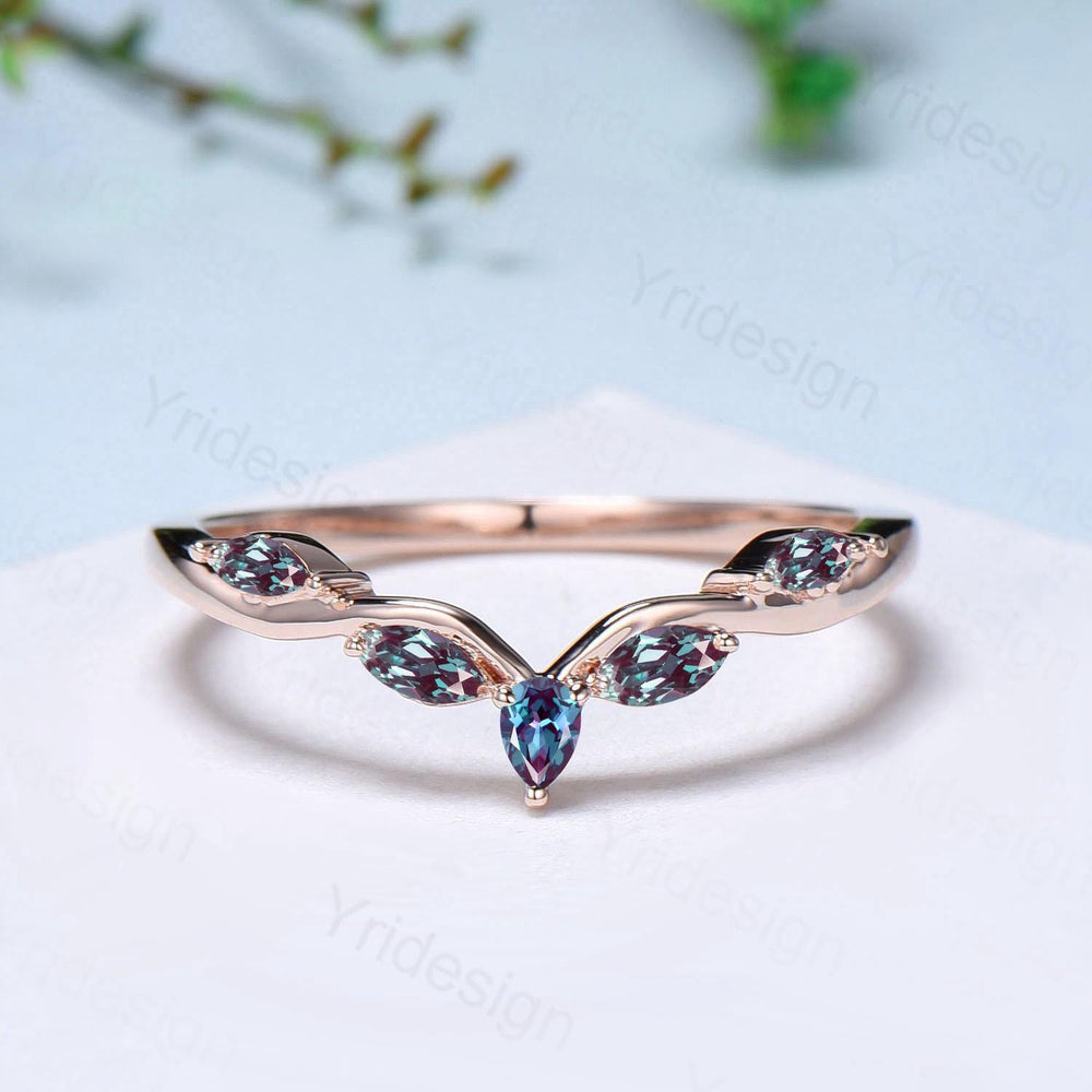 Pear Shaped And Marquise Alexandrite Wedding Band 14K Rose Gold Snowdrift Color cahnge Stone Stacking Matching Wedding Ring Anniversary gift - PENFINE