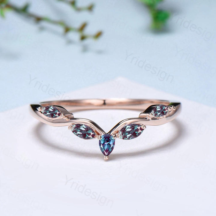 Pear Shaped And Marquise Alexandrite Wedding Band 14K Rose Gold Snowdrift Color cahnge Stone Stacking Matching Wedding Ring Anniversary gift - PENFINE