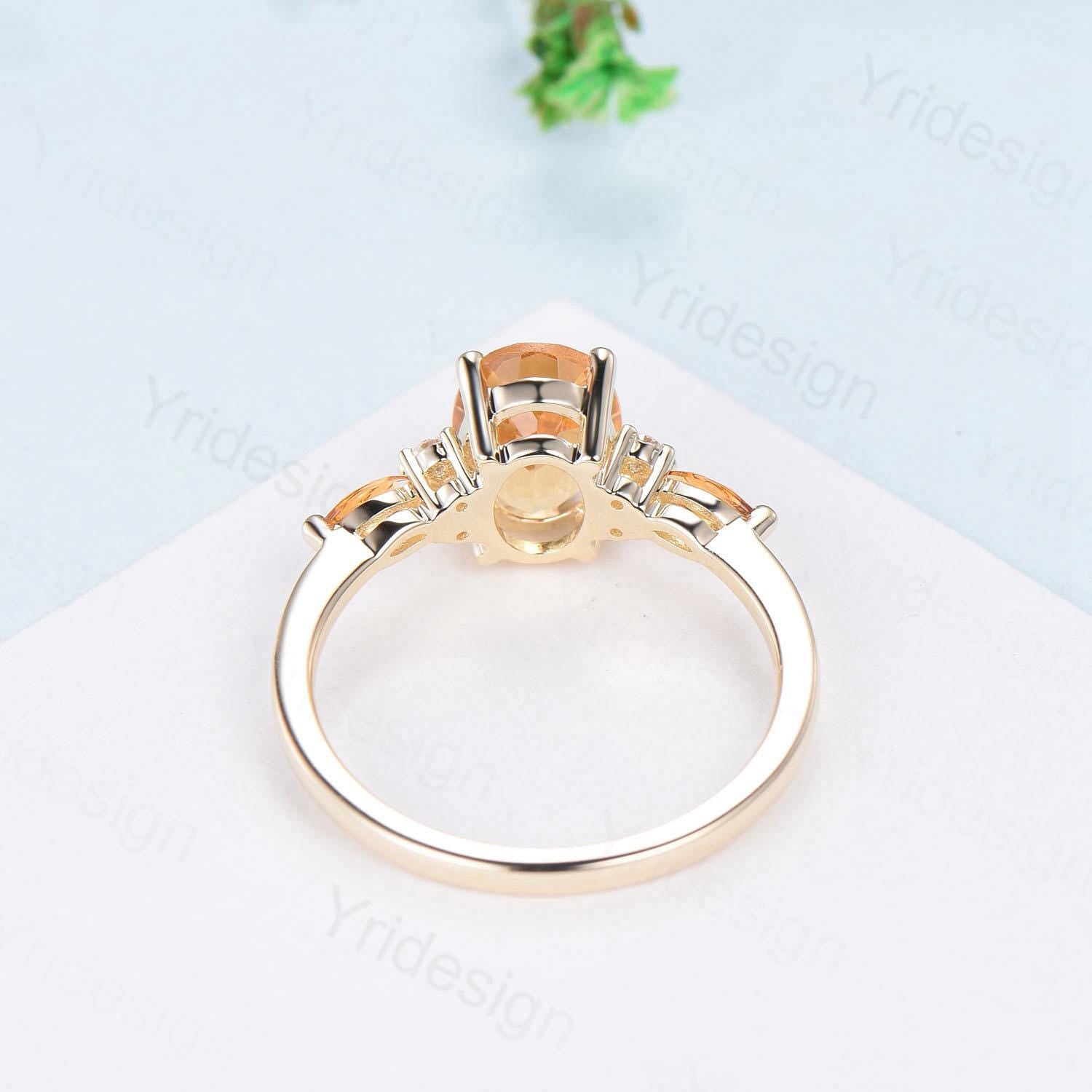 Vintage Oval Cut Sunstone engagement ring 14K Yellow Gold Marquise Citrine Moissanite Wedding Ring Promise Ring Anniversary Gift For Women - PENFINE