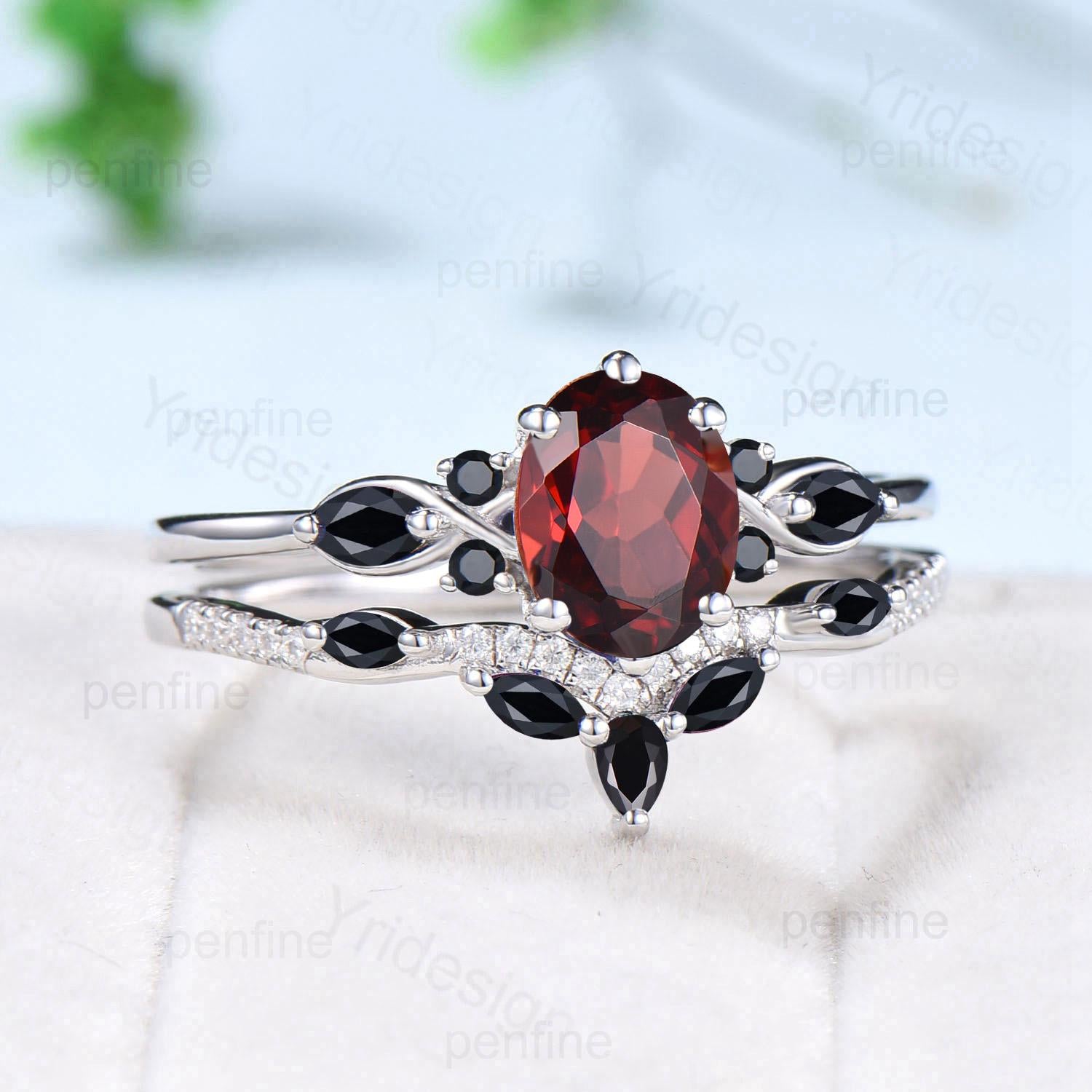 Vintage oval garnet engagement ring set 14k/18k white gold twisted unique black spinel wedding ring set art deco anniversary gift bridal set - PENFINE