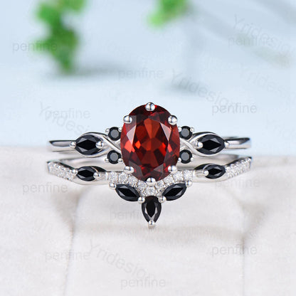 Vintage oval garnet engagement ring set 14k/18k white gold twisted unique black spinel wedding ring set art deco anniversary gift bridal set - PENFINE