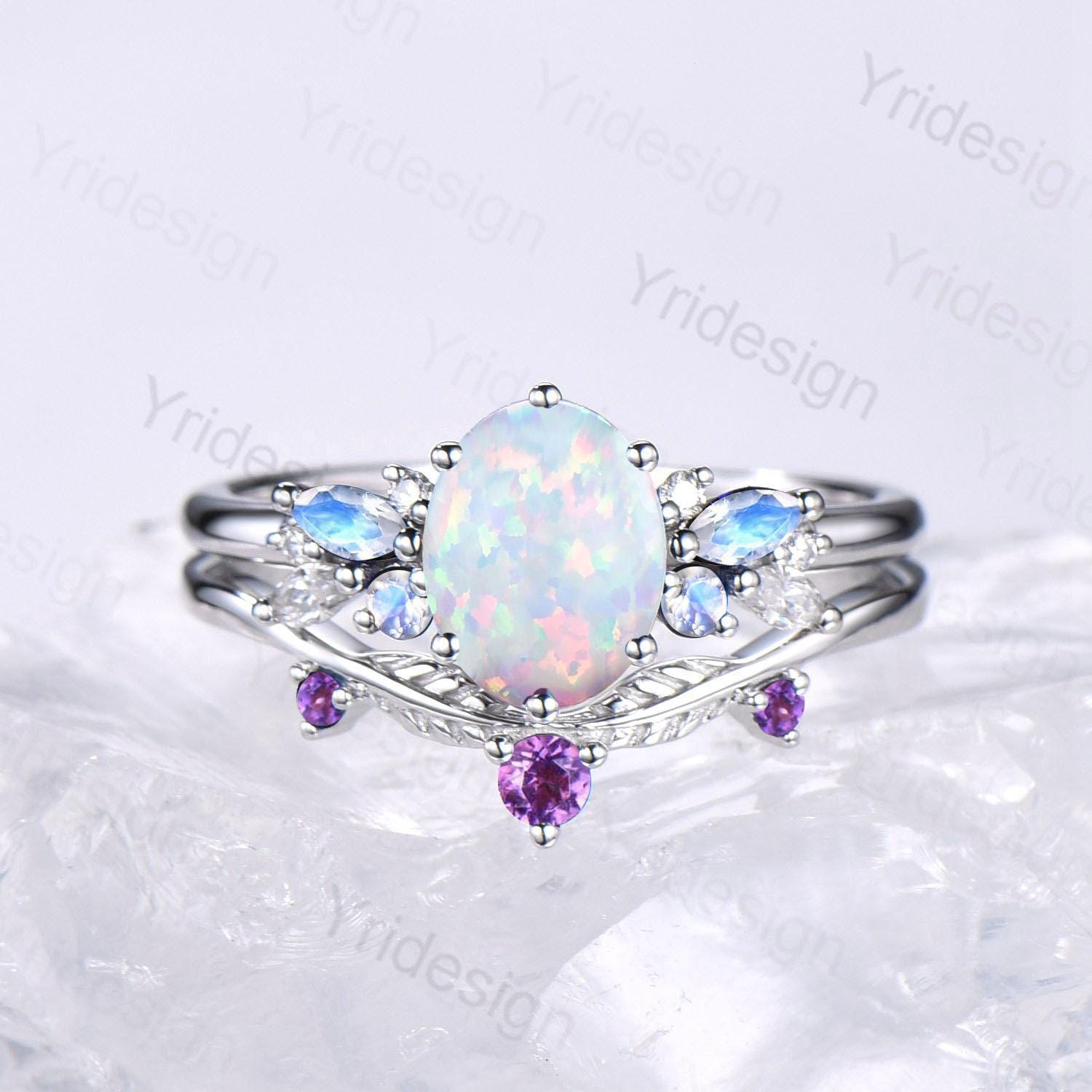 Unique White Opal Engagement Ring Set, 14k White Gold Moonstone Opal Birthstone Wedding Set, Leaf Amethyst Promise Stacking Band Bridal Set - PENFINE