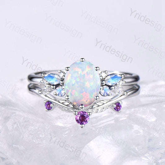 Unique White Opal Engagement Ring Set, 14k White Gold Moonstone Opal Birthstone Wedding Set, Leaf Amethyst Promise Stacking Band Bridal Set - PENFINE