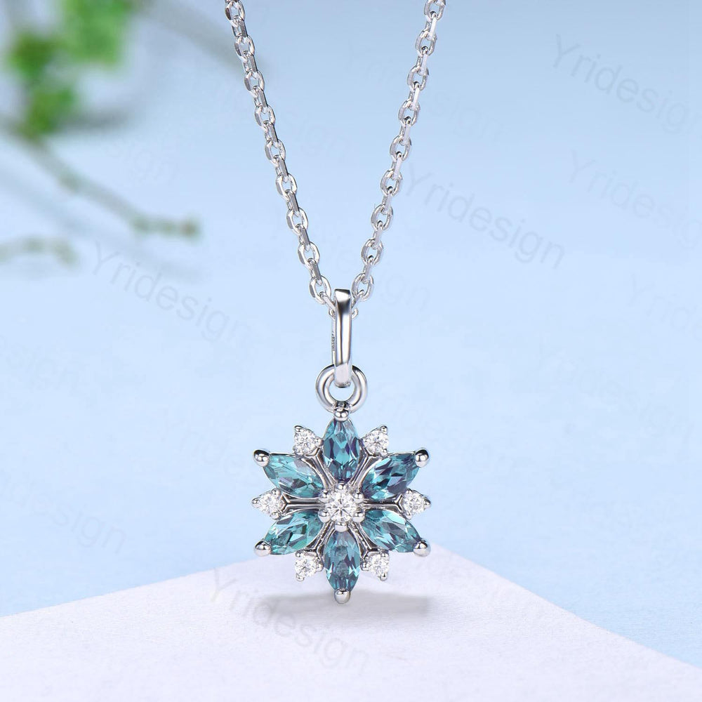 Vintage Snowflake Alexandrite Pendant Necklace Unique Retro Necklace Floral Flower Pendant Color Change Stone Necklace Christmas gift - PENFINE