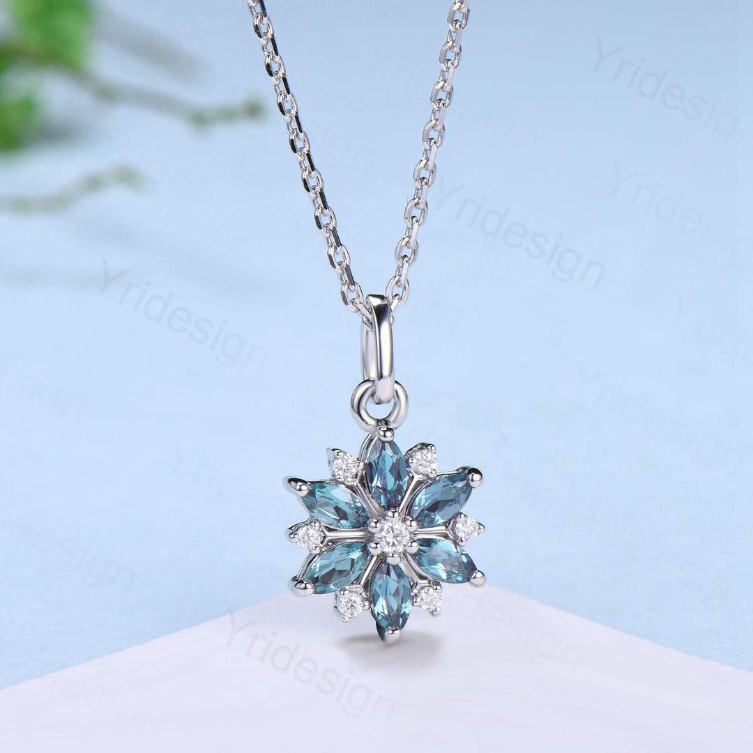 Vintage Snowflake Alexandrite Pendant Necklace Unique Retro Necklace Floral Flower Pendant Color Change Stone Necklace Christmas gift - PENFINE