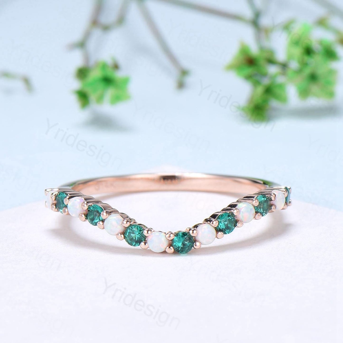 Curved opal wedding ring half eternity opal emerald wedding band silver 14k rose gold anniversary ring stacking band for hexagon cut ring - PENFINE