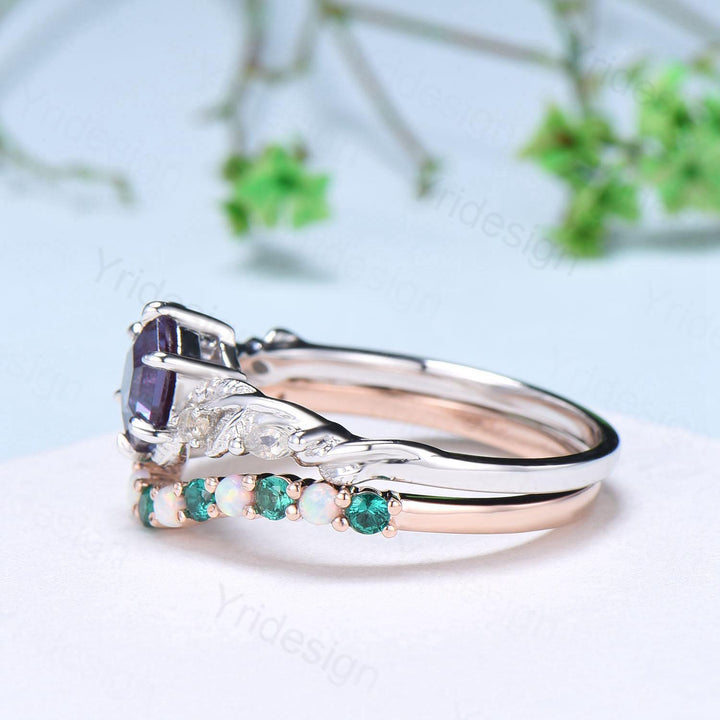 Unique Hexagon Cut Alexandrite Engagement Ring Set Nature Inspired Jewelry 14K Rose Gold Twig Vine Opal Emerald Bridal Set June Birthstone - PENFINE