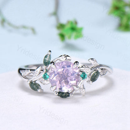 Unique Round Lavender Amethyst Engagement Ring Silver 14K White Gold Nature Inspired Green Moss Agate Emerald Wedding Ring Twig Vine Ring - PENFINE