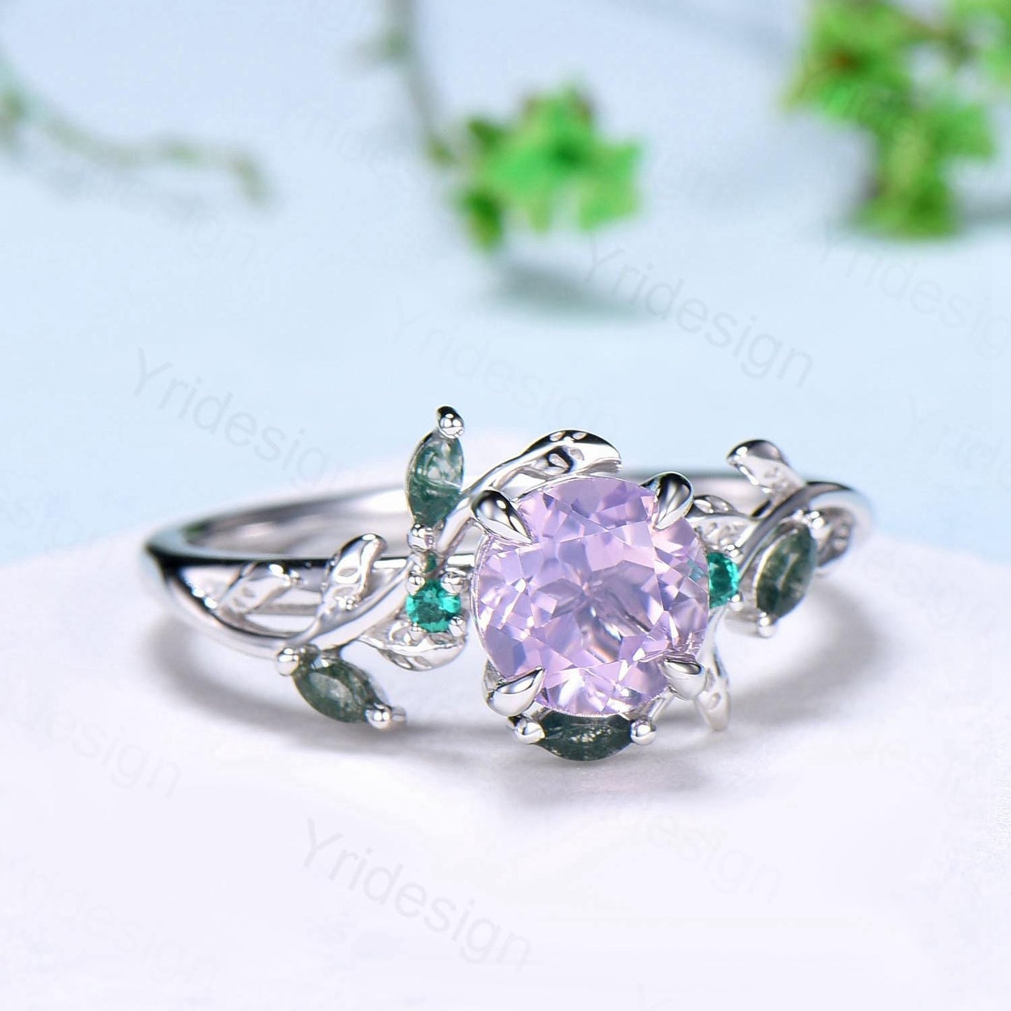 Unique Round Lavender Amethyst Engagement Ring Silver 14K White Gold Nature Inspired Green Moss Agate Emerald Wedding Ring Twig Vine Ring - PENFINE