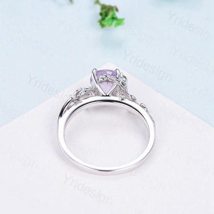 Unique Round Lavender Amethyst Engagement Ring Silver 14K White Gold Nature Inspired Green Moss Agate Emerald Wedding Ring Twig Vine Ring - PENFINE