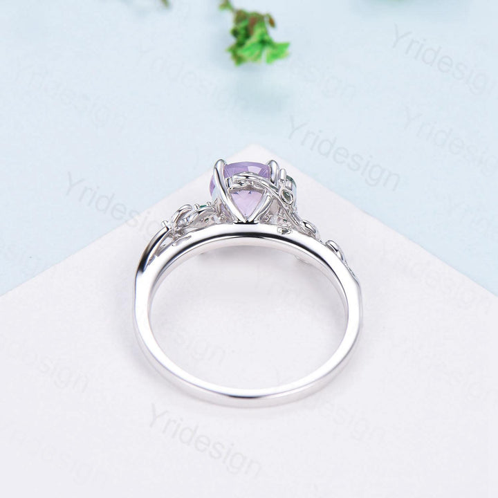 Unique Round Lavender Amethyst Engagement Ring Silver 14K White Gold Nature Inspired Green Moss Agate Emerald Wedding Ring Twig Vine Ring - PENFINE