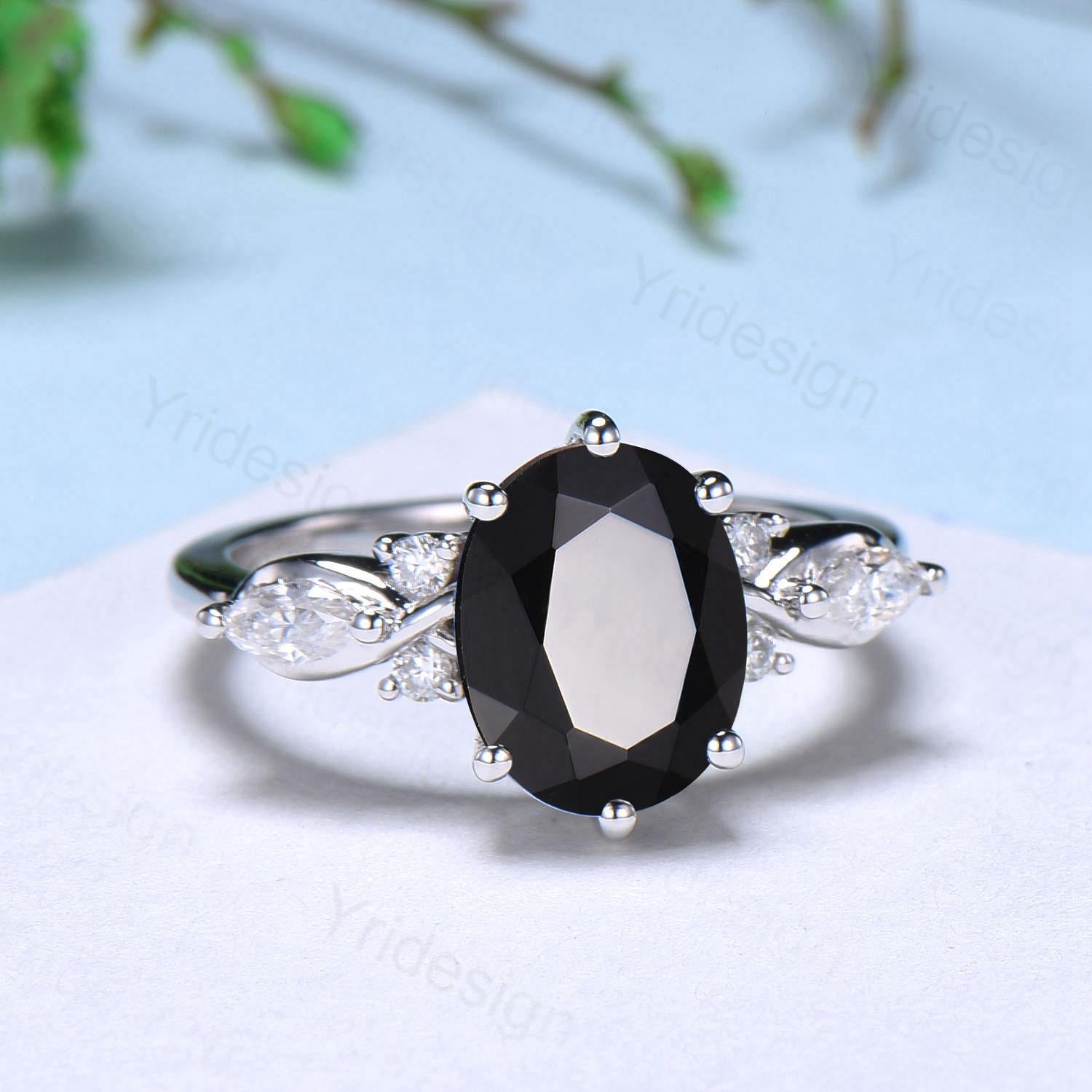 2CT Oval Cut Black Moissanite Ring Vintage Moissanite engagement ring Flawless moissanite ring for women marquise diamond anniversary ring - PENFINE