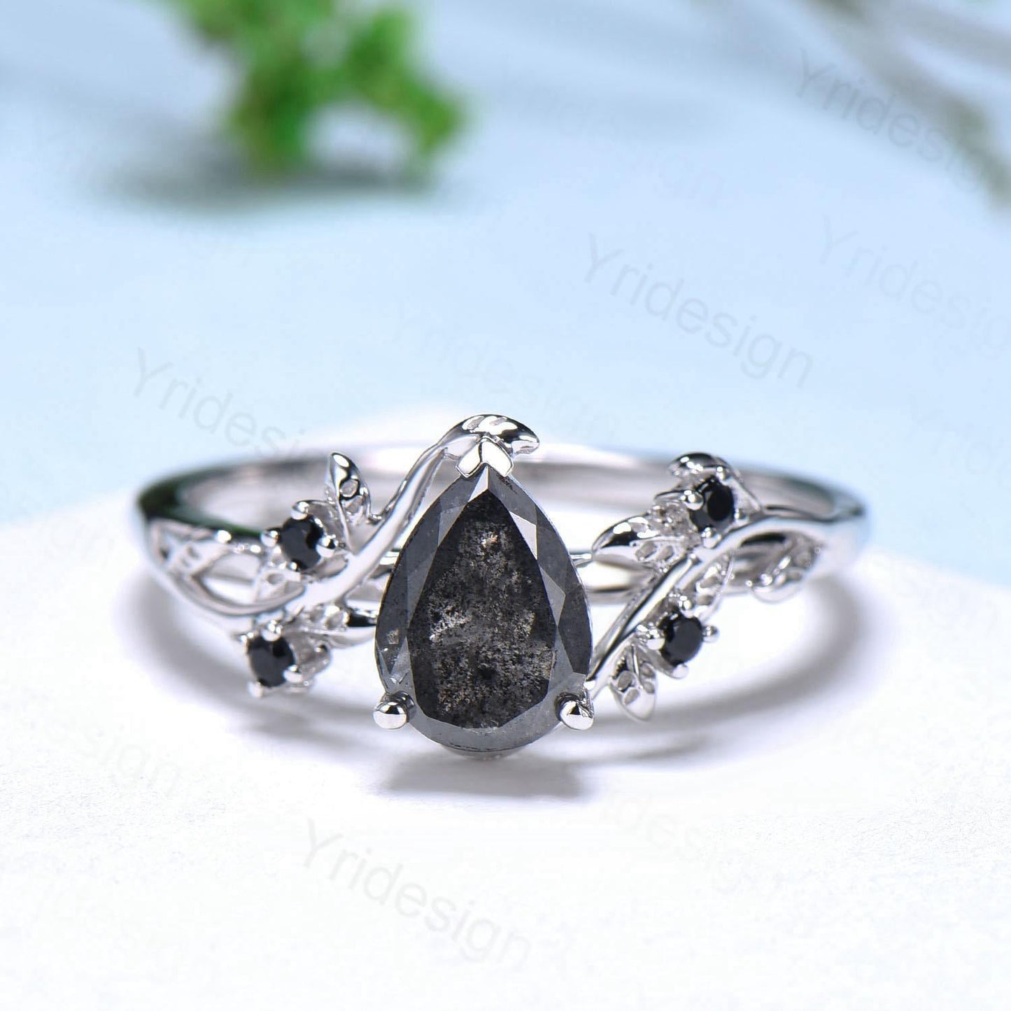 Nature inspired salt pepper diamond engagement ring vintage pear shaped twig vine pepper diamond bridal set unique leaf vine ring for women - PENFINE