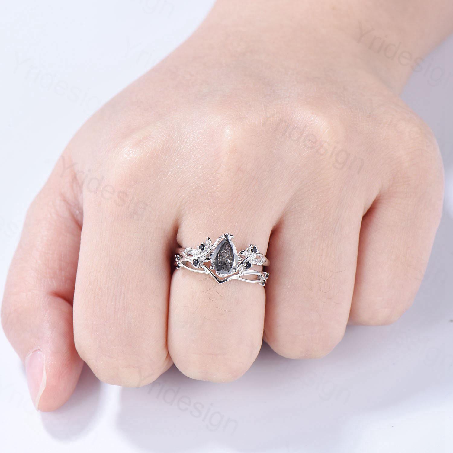 Nature inspired salt pepper diamond engagement ring vintage pear shaped twig vine pepper diamond bridal set unique leaf vine ring for women - PENFINE