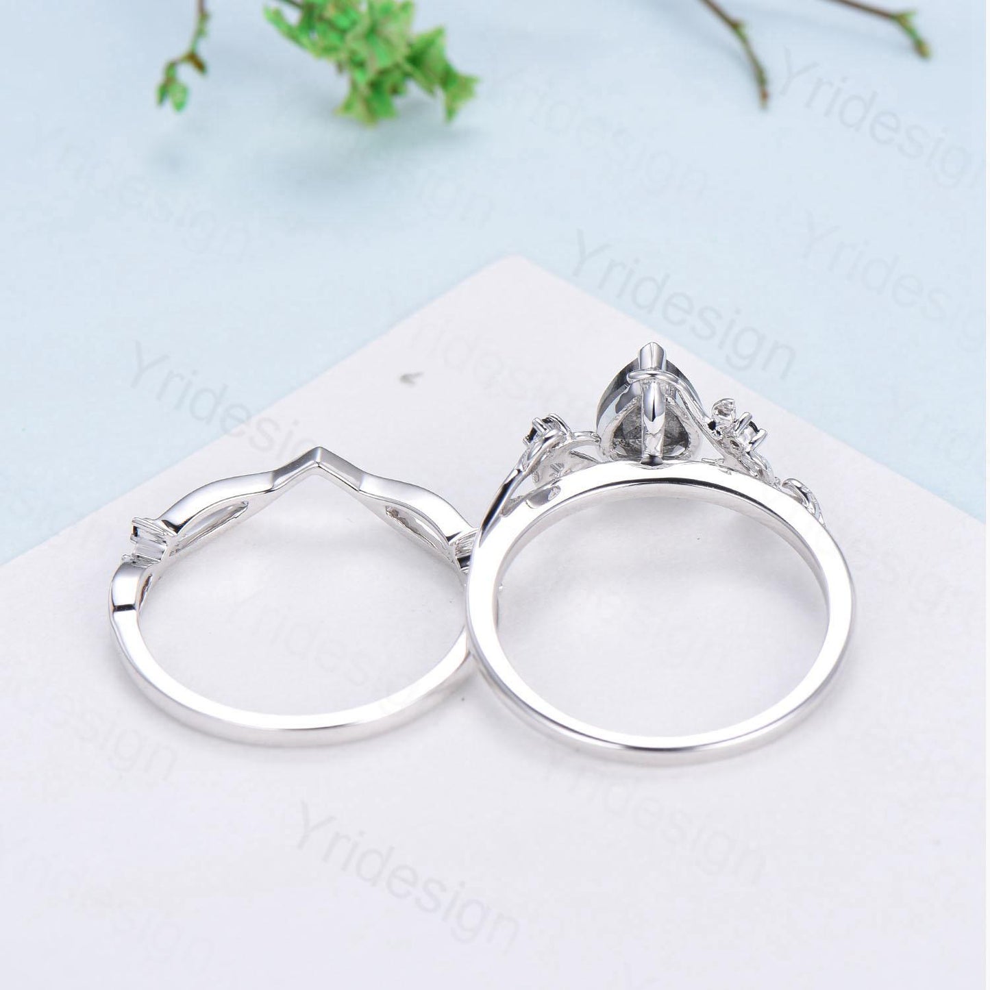 Nature inspired salt pepper diamond engagement ring vintage pear shaped twig vine pepper diamond bridal set unique leaf vine ring for women - PENFINE