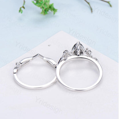 Nature inspired salt pepper diamond engagement ring vintage pear shaped twig vine pepper diamond bridal set unique leaf vine ring for women - PENFINE