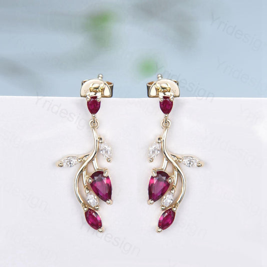 Elegant Ruby Earrings Nature Inspired Red Ruby Stud Earrings July birthstone Earrings Solid 14K Yellow Gold Vintage Leaves Earrings Women - PENFINE