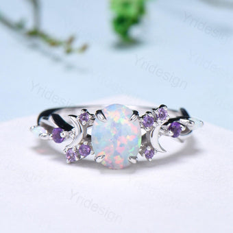 Unique Oval White Opal Engagement Ring Vintage Fire Opal Moon Split Shank Wedding Ring Branch Amethyst Wedding Ring Promise Gift For Women - PENFINE