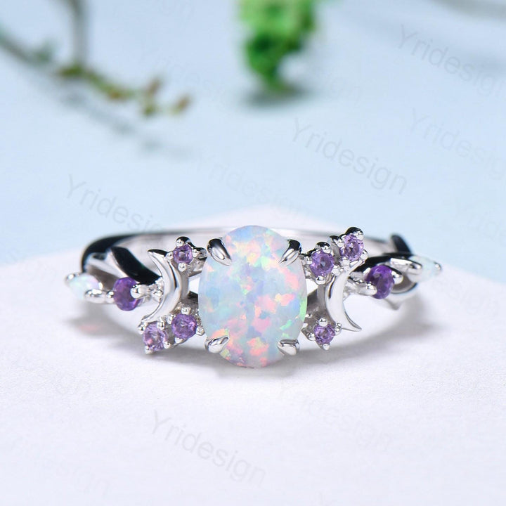 Unique Oval White Opal Engagement Ring Vintage Fire Opal Moon Split Shank Wedding Ring Branch Amethyst Wedding Ring Promise Gift For Women - PENFINE