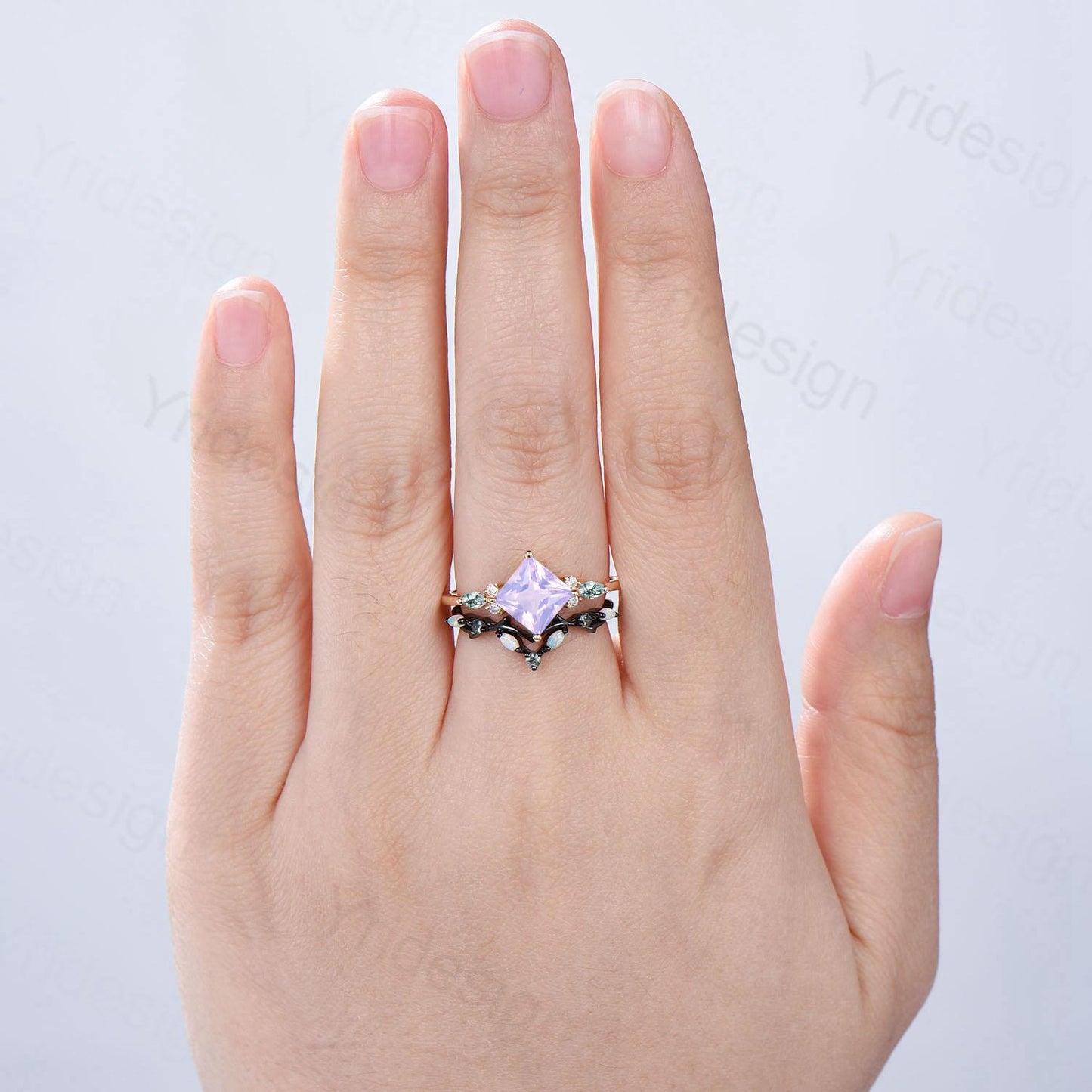 Vintage Princess Cut Lavender Amethyst Engagement Ring Set Vintage Seven Stone Marquise Moss Agate Band Opal Agate Art Deco Bridal Set Women - PENFINE