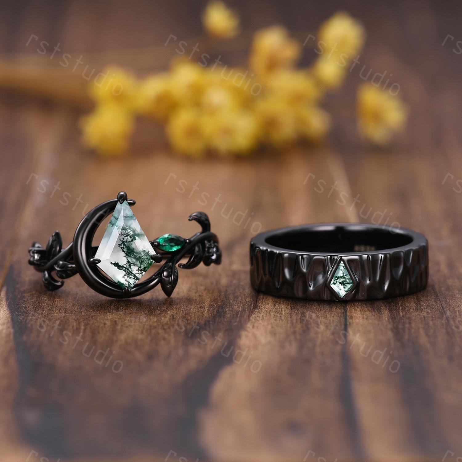 Moss Agate Kite Ring Set: Black Silver Couples Wedding Bands