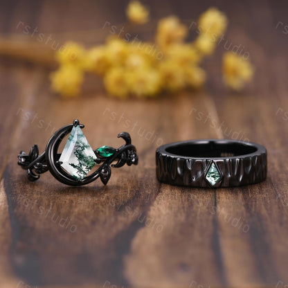 Moss Agate Kite Ring Set: Black Silver Couples Wedding Bands