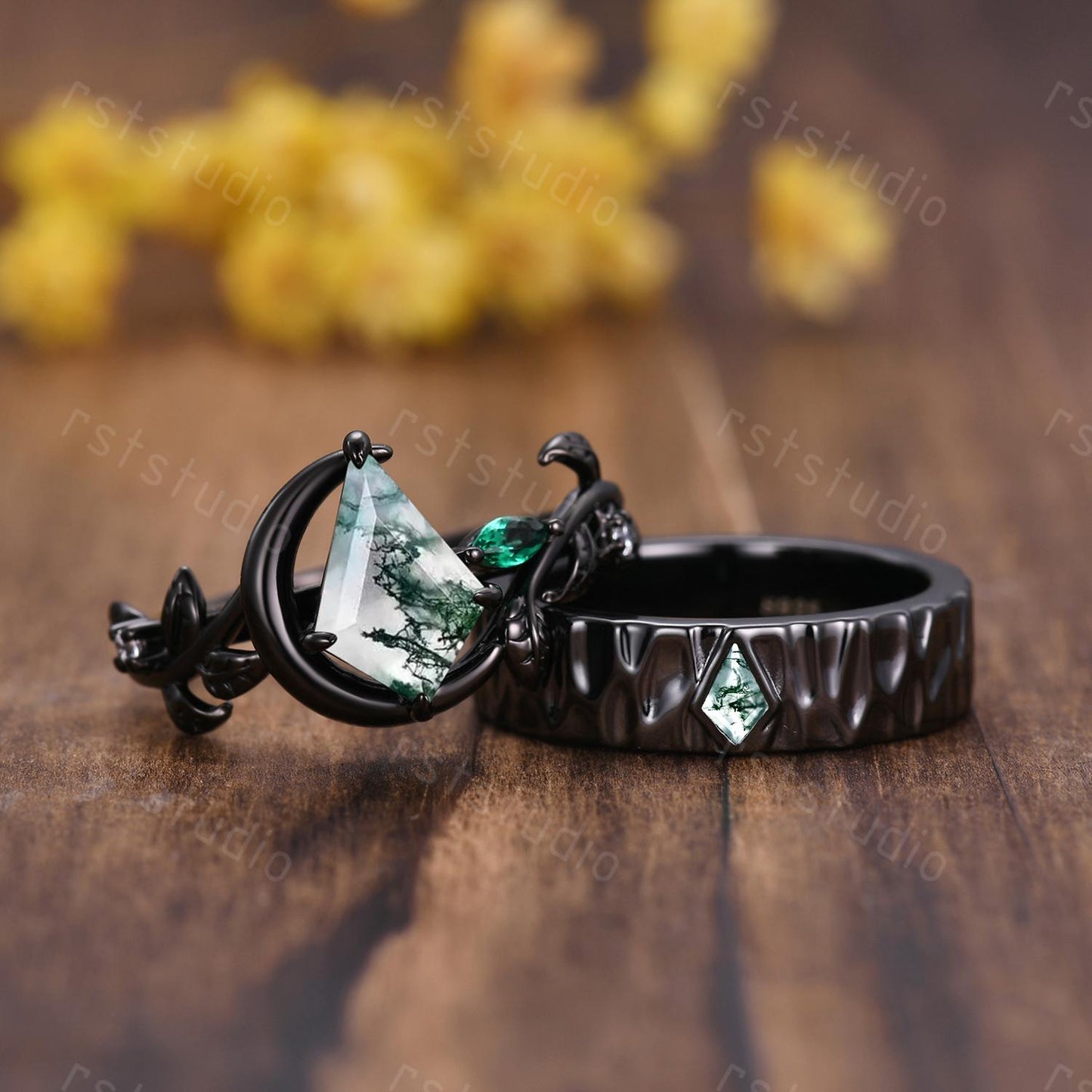 Moss Agate Kite Ring Set: Black Silver Couples Wedding Bands