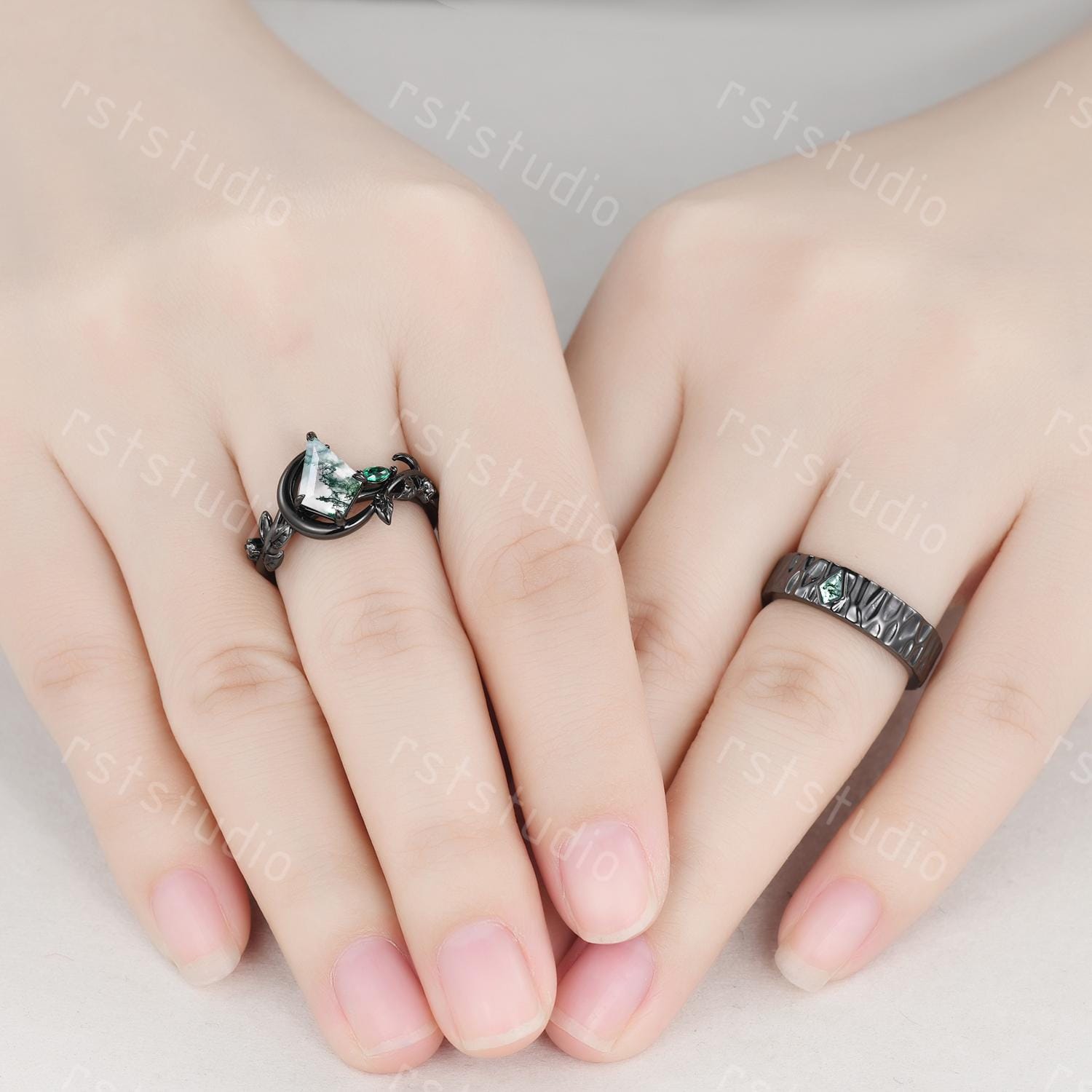 Moss Agate Kite Ring Set: Black Silver Couples Wedding Bands