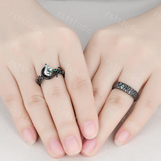Moss Agate Kite Ring Set: Black Silver Couples Wedding Bands