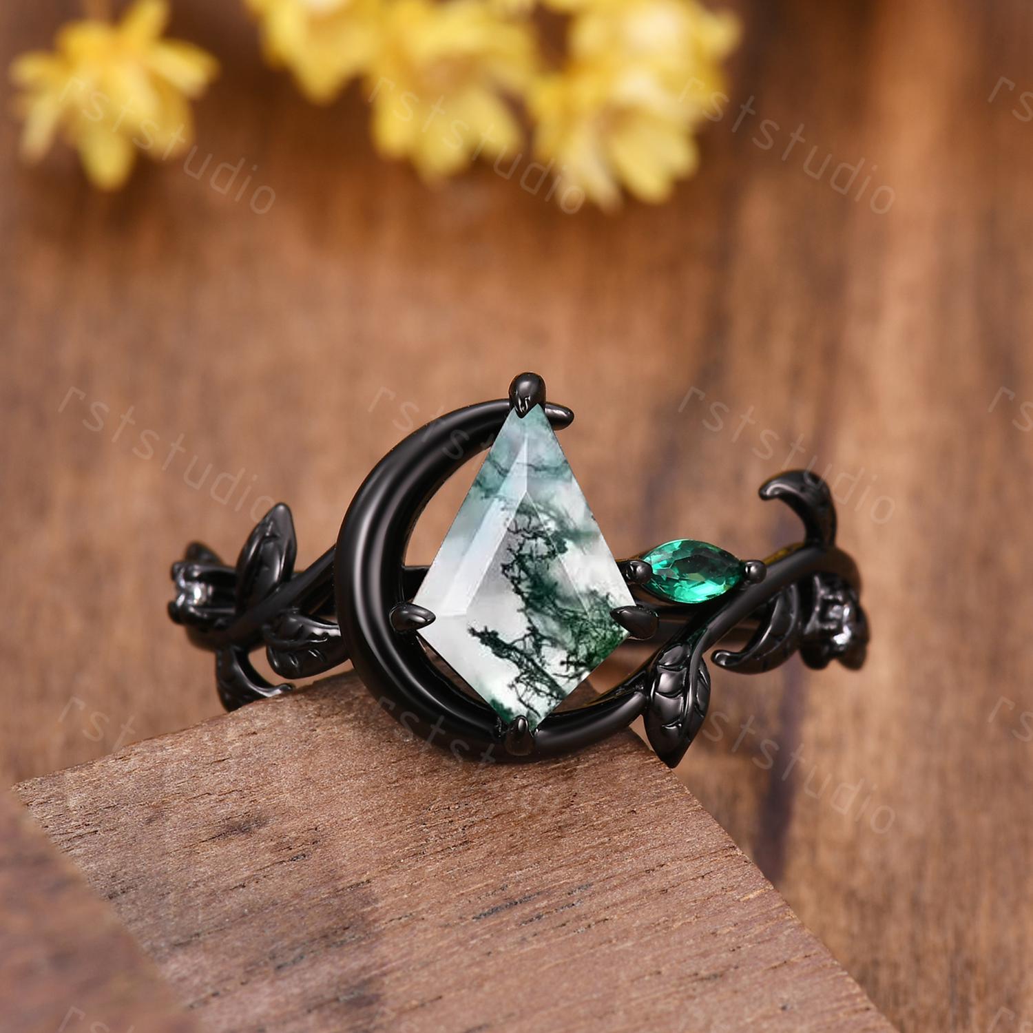 Moss Agate Kite Ring Set: Black Silver Couples Wedding Bands