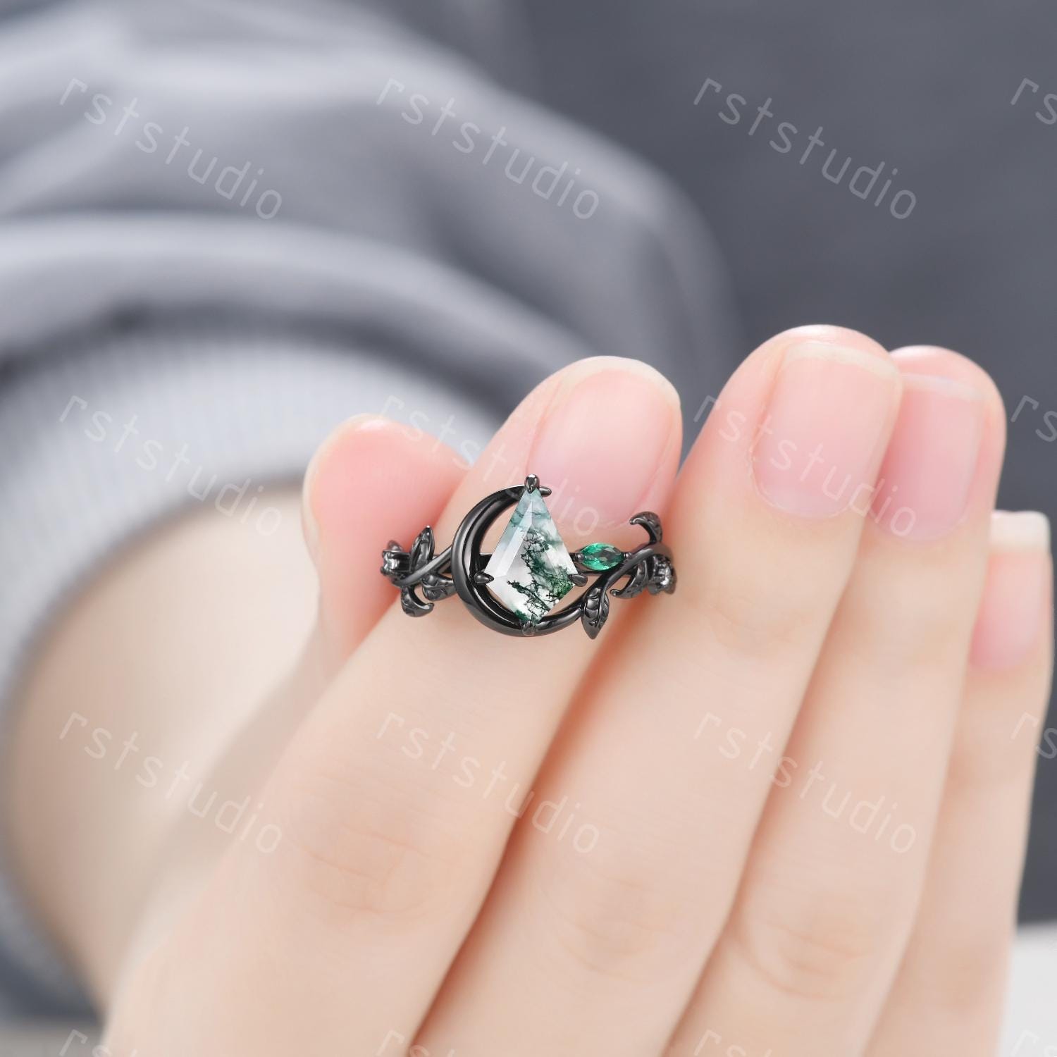 Moss Agate Kite Ring Set: Black Silver Couples Wedding Bands
