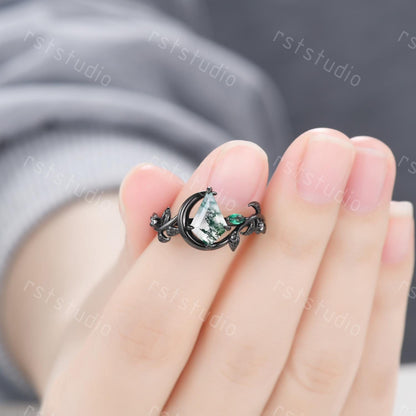 Moss Agate Kite Ring Set: Black Silver Couples Wedding Bands