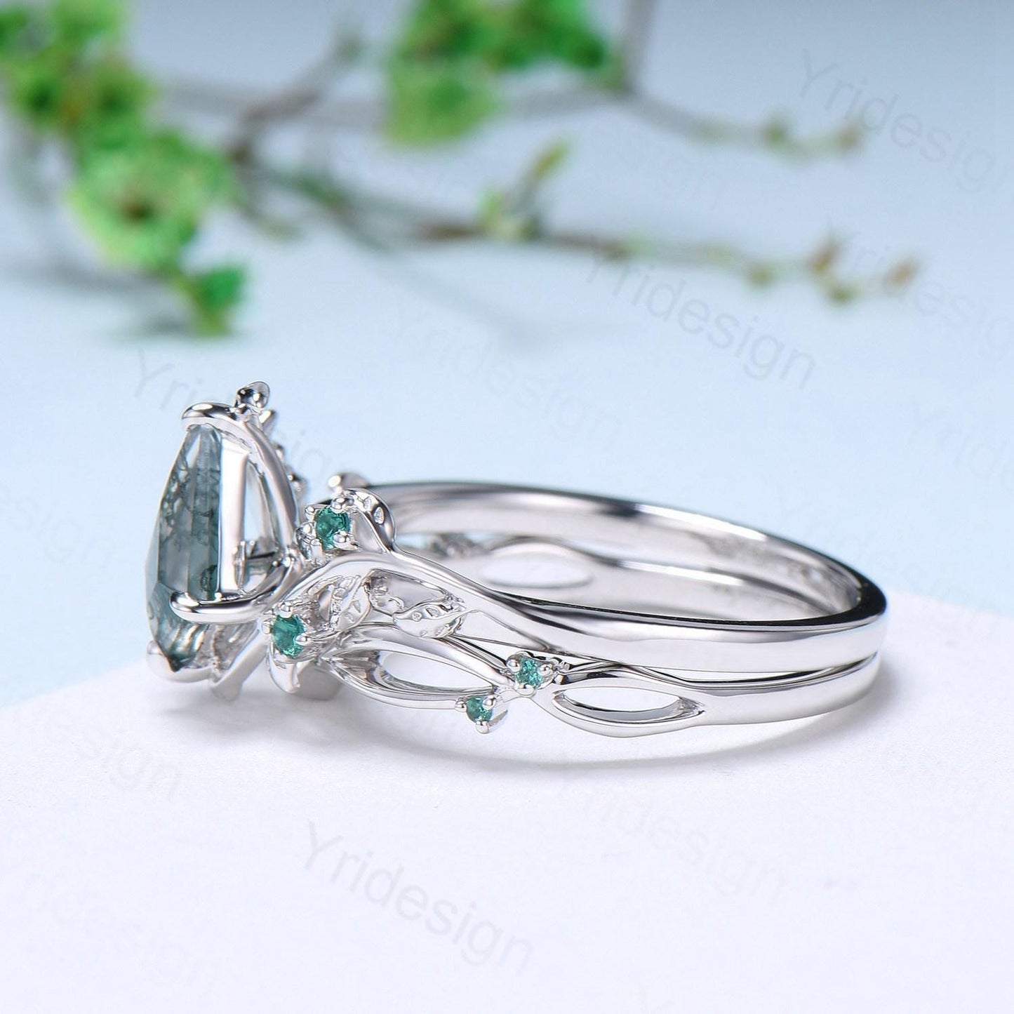 Vintage kite cut moss agate engagement ring set Nature Inspired green agate leaf vine ring cluster emerald eye bridal wedding set for women - PENFINE