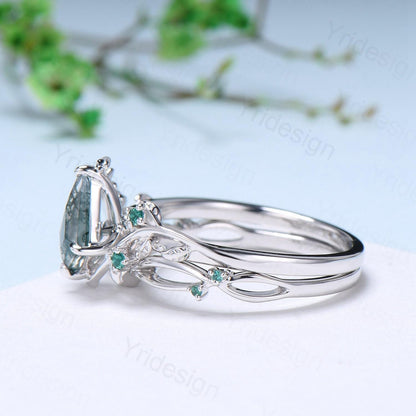 Vintage kite cut moss agate engagement ring set Nature Inspired green agate leaf vine ring cluster emerald eye bridal wedding set for women - PENFINE
