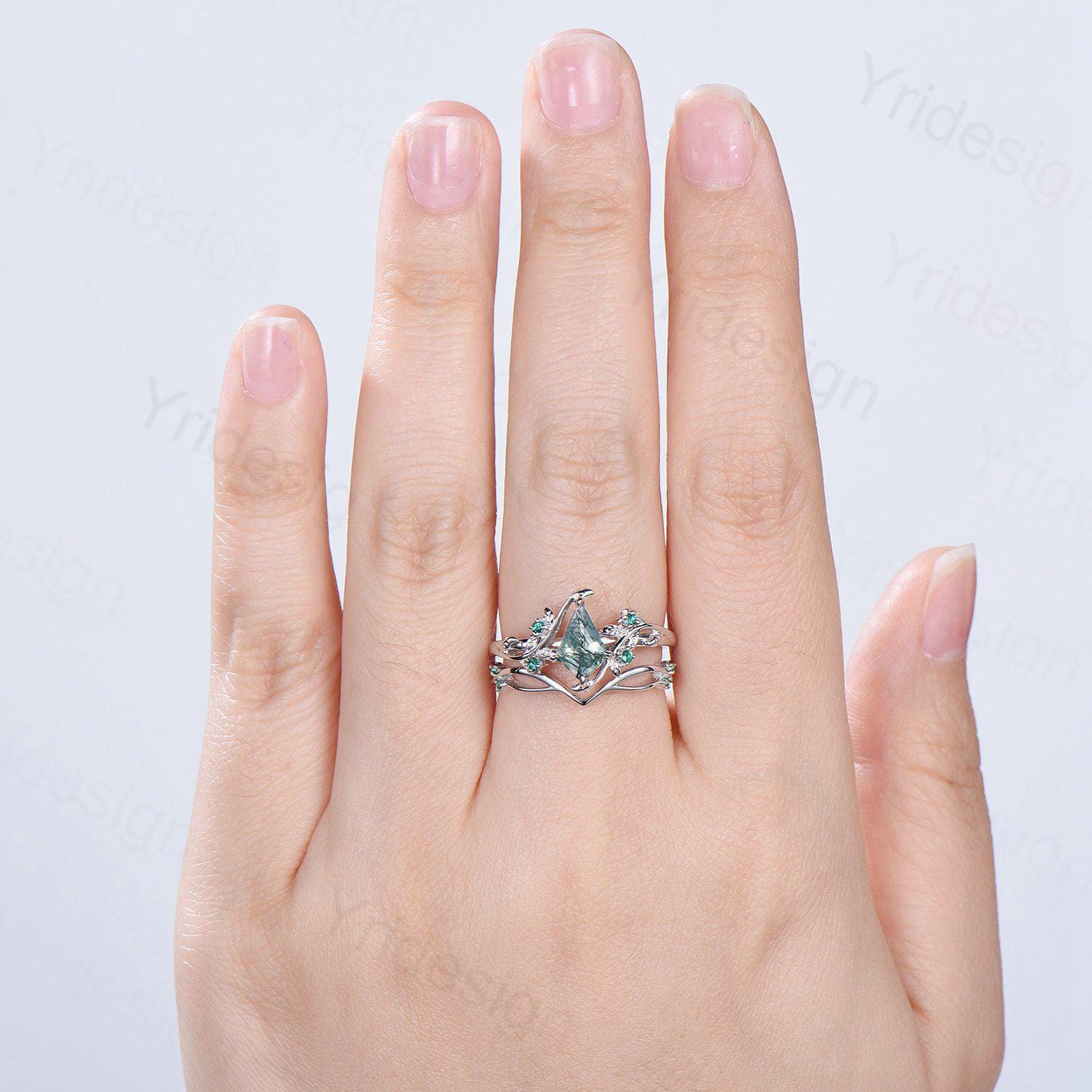 Vintage kite cut moss agate engagement ring set Nature Inspired green agate leaf vine ring cluster emerald eye bridal wedding set for women - PENFINE
