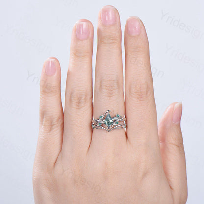 Vintage kite cut moss agate engagement ring set Nature Inspired green agate leaf vine ring cluster emerald eye bridal wedding set for women - PENFINE