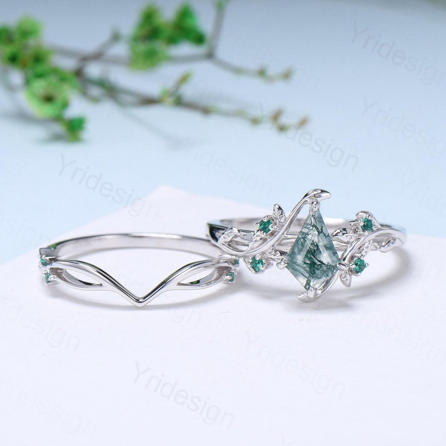Vintage kite cut moss agate engagement ring set Nature Inspired green agate leaf vine ring cluster emerald eye bridal wedding set for women - PENFINE