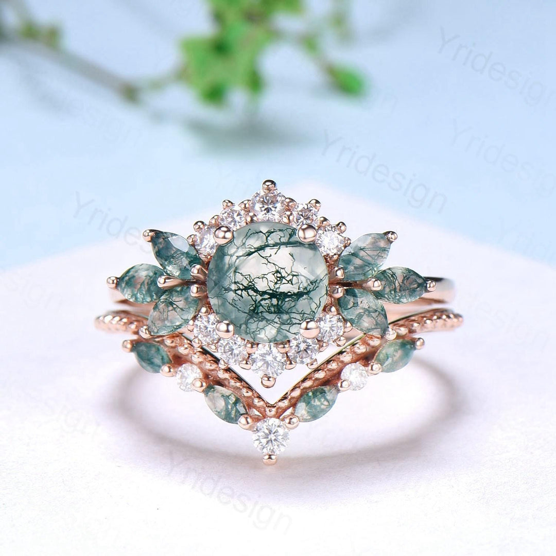 Unique Round Moss Agate Wedding Ring Set Vintage Marquise Green Agate Halo Engagement Ring Set 14k Rose Gold 2pcs Bridal Ring Set for Women - PENFINE