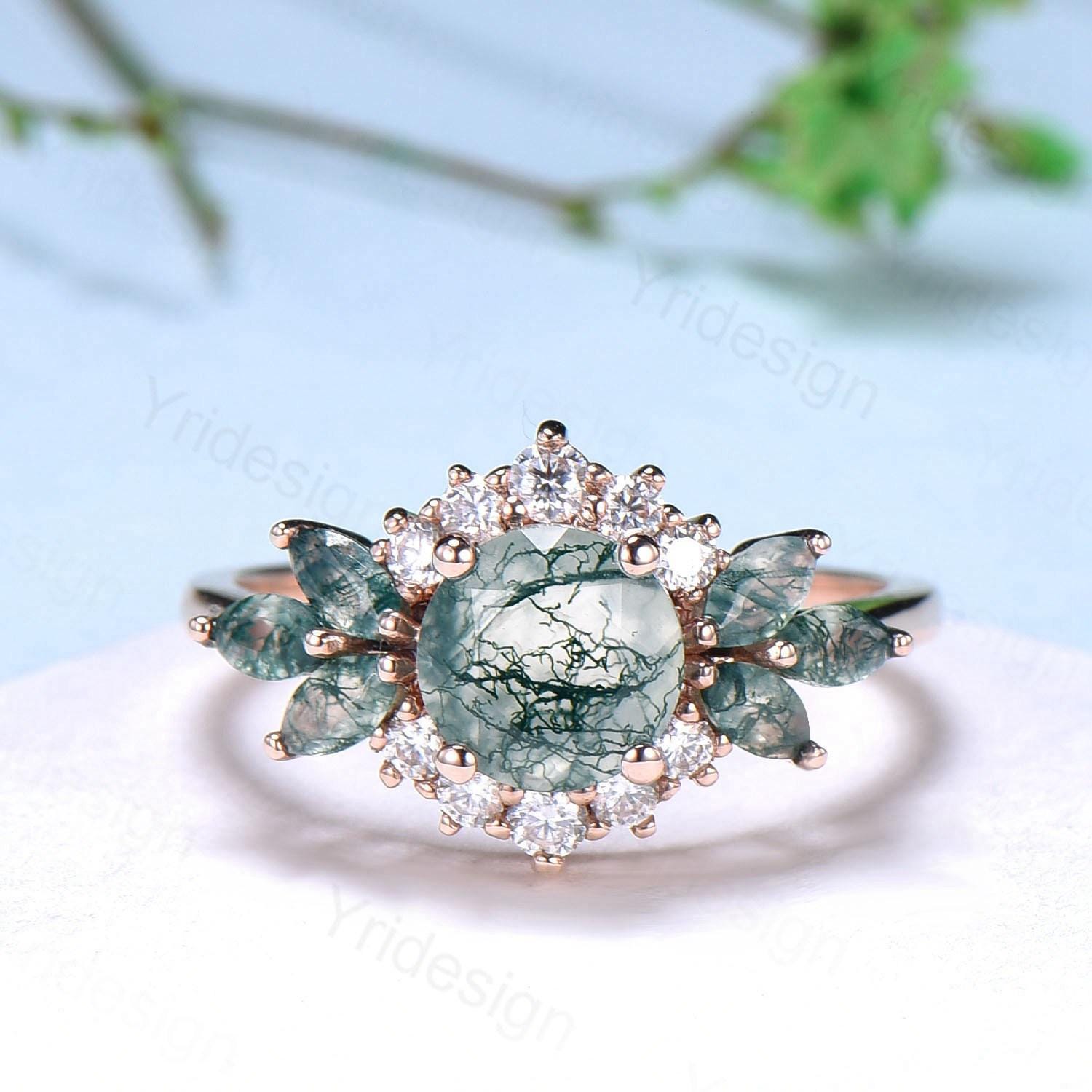 Unique Round Moss Agate Wedding Ring Set Vintage Marquise Green Agate Halo Engagement Ring Set 14k Rose Gold 2pcs Bridal Ring Set for Women - PENFINE