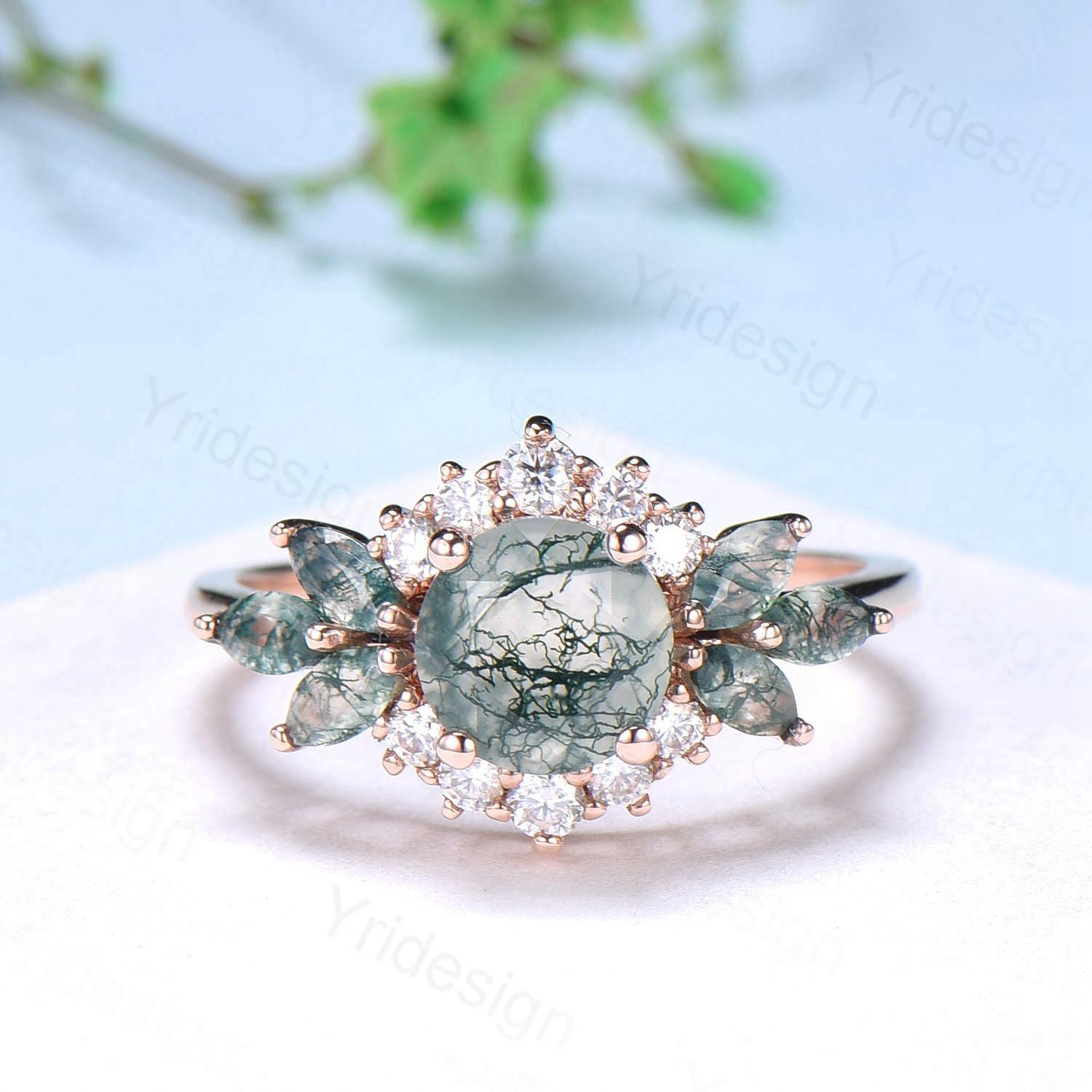 Unique Round Moss Agate Wedding Ring Set Vintage Marquise Green Agate Halo Engagement Ring Set 14k Rose Gold 2pcs Bridal Ring Set for Women - PENFINE