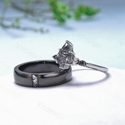 Couples black rutilated quartz ring set, vintage kite cut rutilated engagement ring for women, men's black gold wedding band, His Hers gift - PENFINE