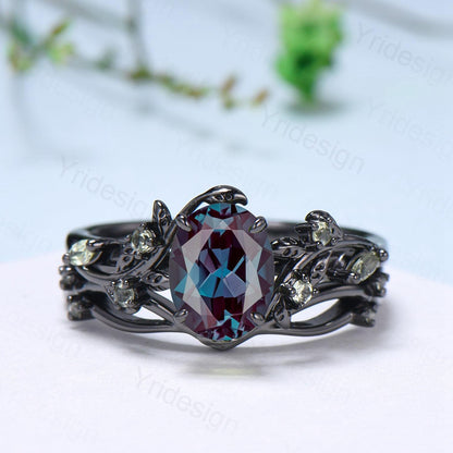 Unique Black Gold Oval Alexandrite Ring Set Nature Inspired Alexandrite Twig Engagement Ring branch peridot leaf wedding ring set for women - PENFINE