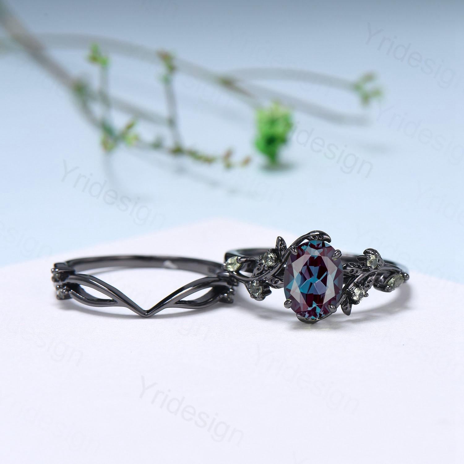 Unique Black Gold Oval Alexandrite Ring Set Nature Inspired Alexandrite Twig Engagement Ring branch peridot leaf wedding ring set for women - PENFINE