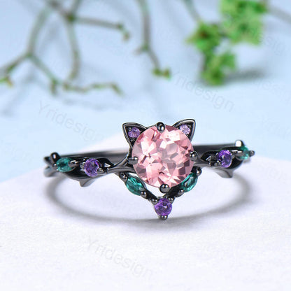 Unique Cat Ring Black Gold Padparadscha sapphire Engagement Ring Black Gold Animal Inspired Amethyst Emerald Band Pink Anniversary Ring Her - PENFINE