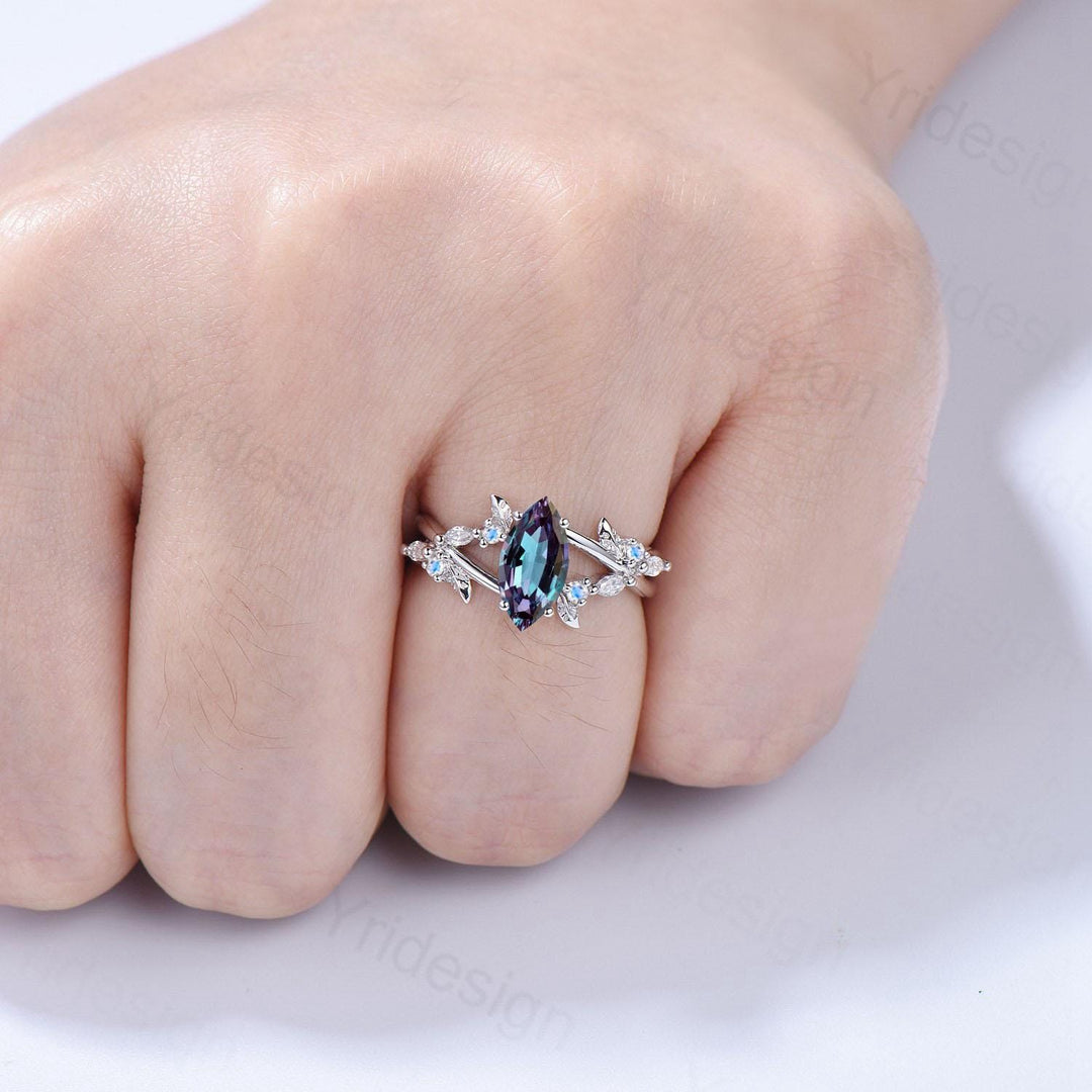 Natural Inspired Marquise Alexandrite Engagement Ring Unique Leaves Branch Color Change Ring Cluster Moonstone Split Shank Twig Wedding Ring - PENFINE