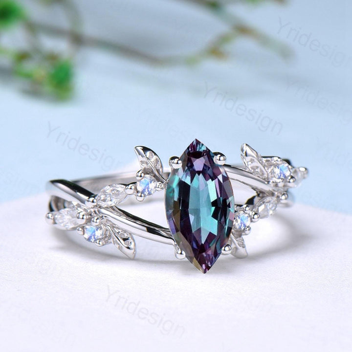 Natural Inspired Marquise Alexandrite Engagement Ring Unique Leaves Branch Color Change Ring Cluster Moonstone Split Shank Twig Wedding Ring - PENFINE